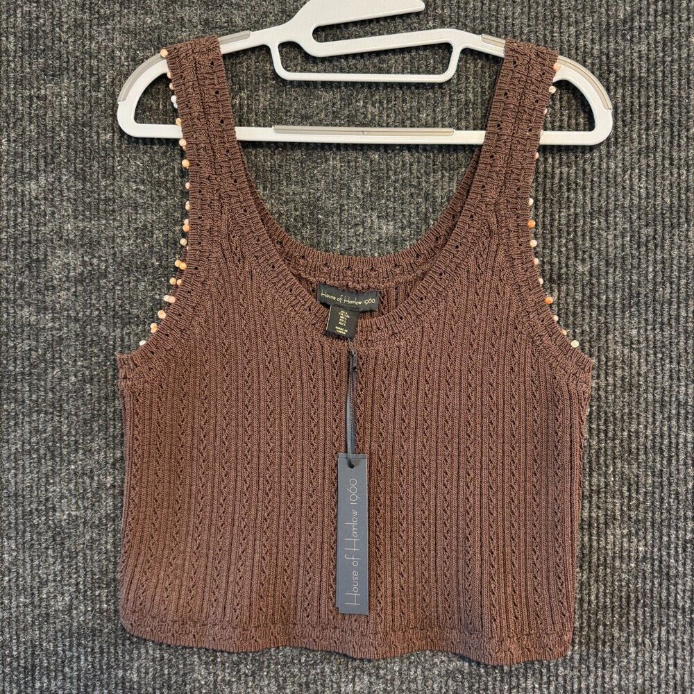 House of Harlow 1960 Brown Beaded Crochet Tank Top Womens L NWT